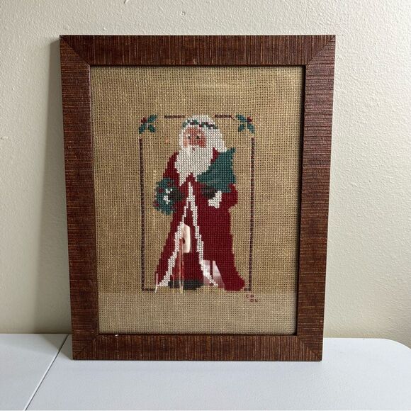 Counted Cross Stitch Santa Handmade Wall Decor Textured Brown Framed Needlepoint - Picture 1 of 14